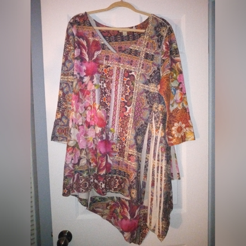 Colorful Floral Patchwork Flared Tunic 3/4 Sleeve